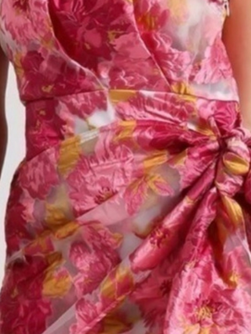 REVERSE. Pink Floral One-Shoulder Dress with Yellow Accents Size 12 with rags